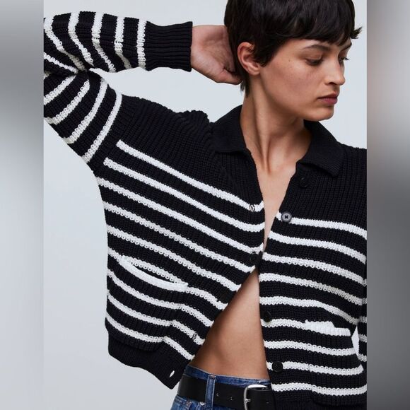 NEW MADEWELL Ribbed Polo Cardigan Sweater in “True Black” stripe - Picture 6 of 9